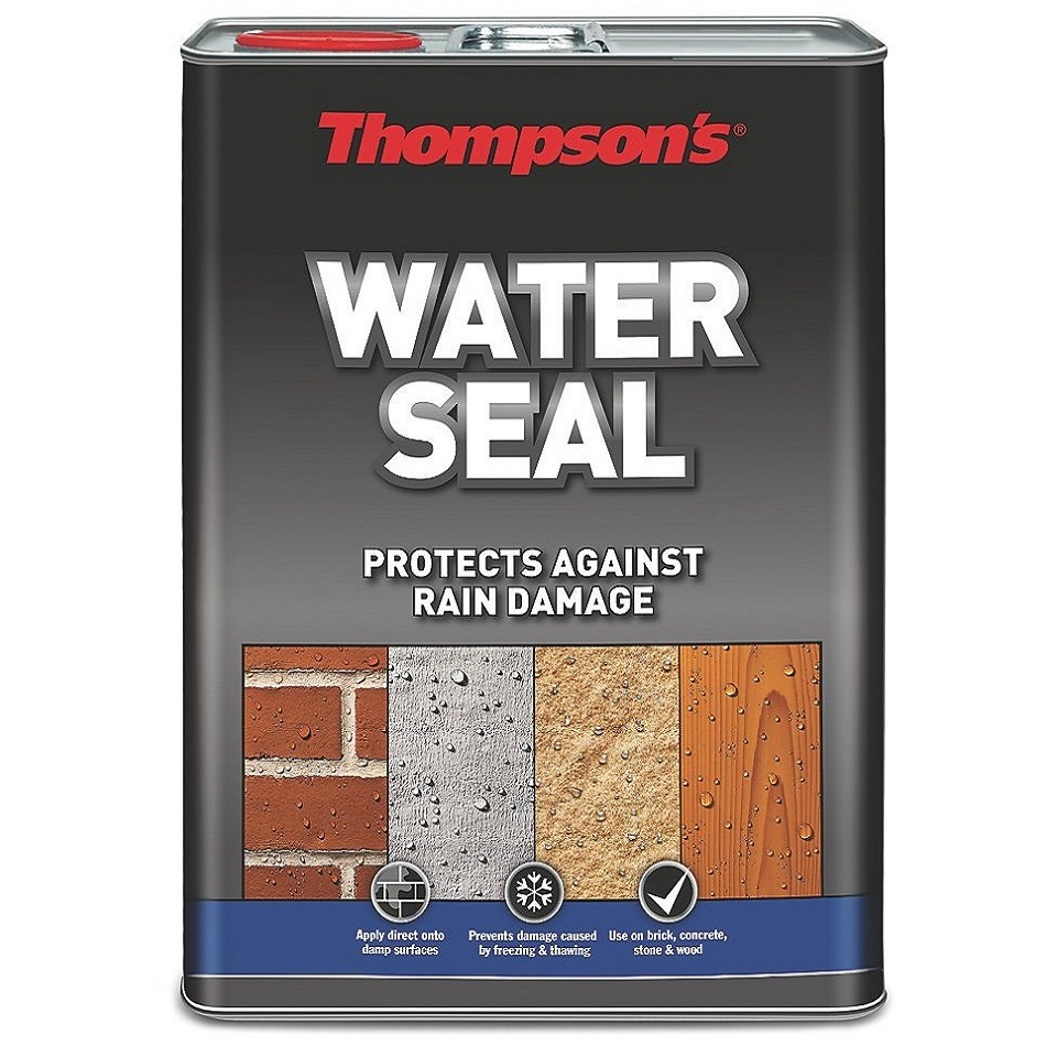 Thompsons Water Seal container showing protection for masonry, stone, and wood against rain damage.