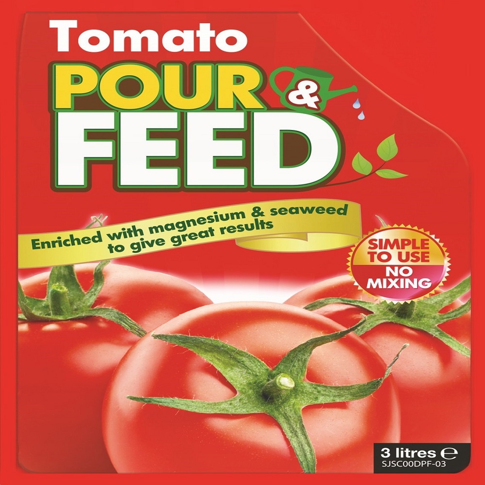 Doff Tomato Pour & Feed 3L packaging featuring tomatoes and text about magnesium and seaweed enrichment.