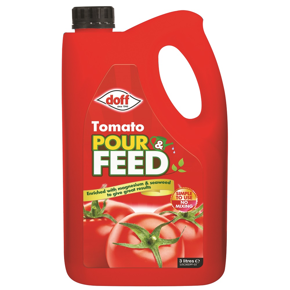 Doff Tomato Pour & Feed 3L bottle with magnesium and seaweed enrichment, featuring tomatoes on the label.