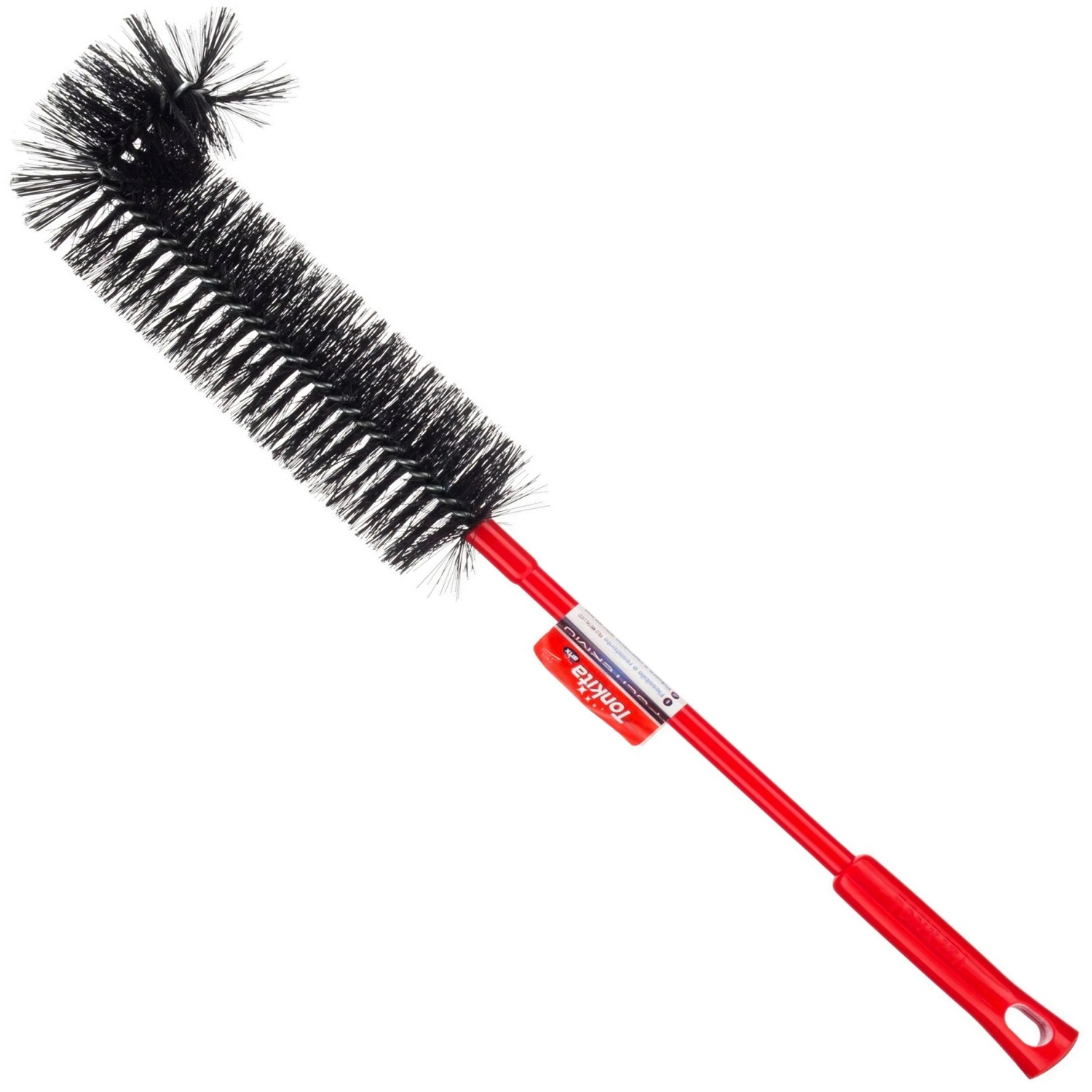 Tonkita long reach radiator duster with a red handle and black bristles for cleaning tight spaces.