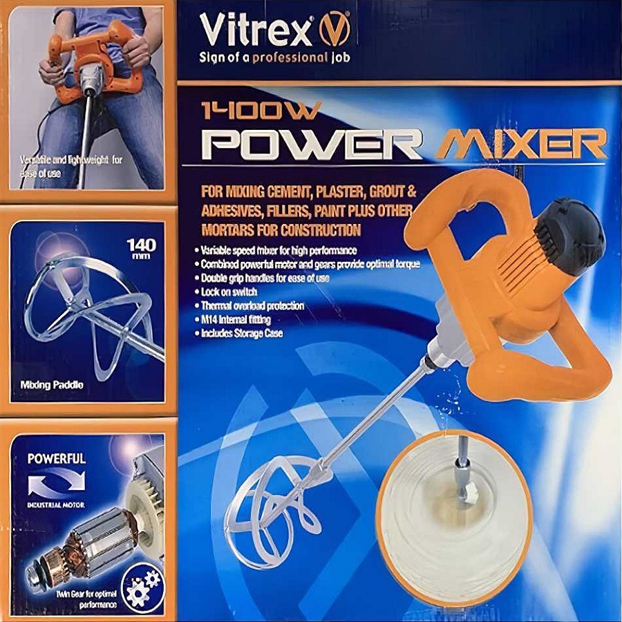 Vitrex Electric Power Mixer with orange handle and mixing paddle for self levelling plaster.