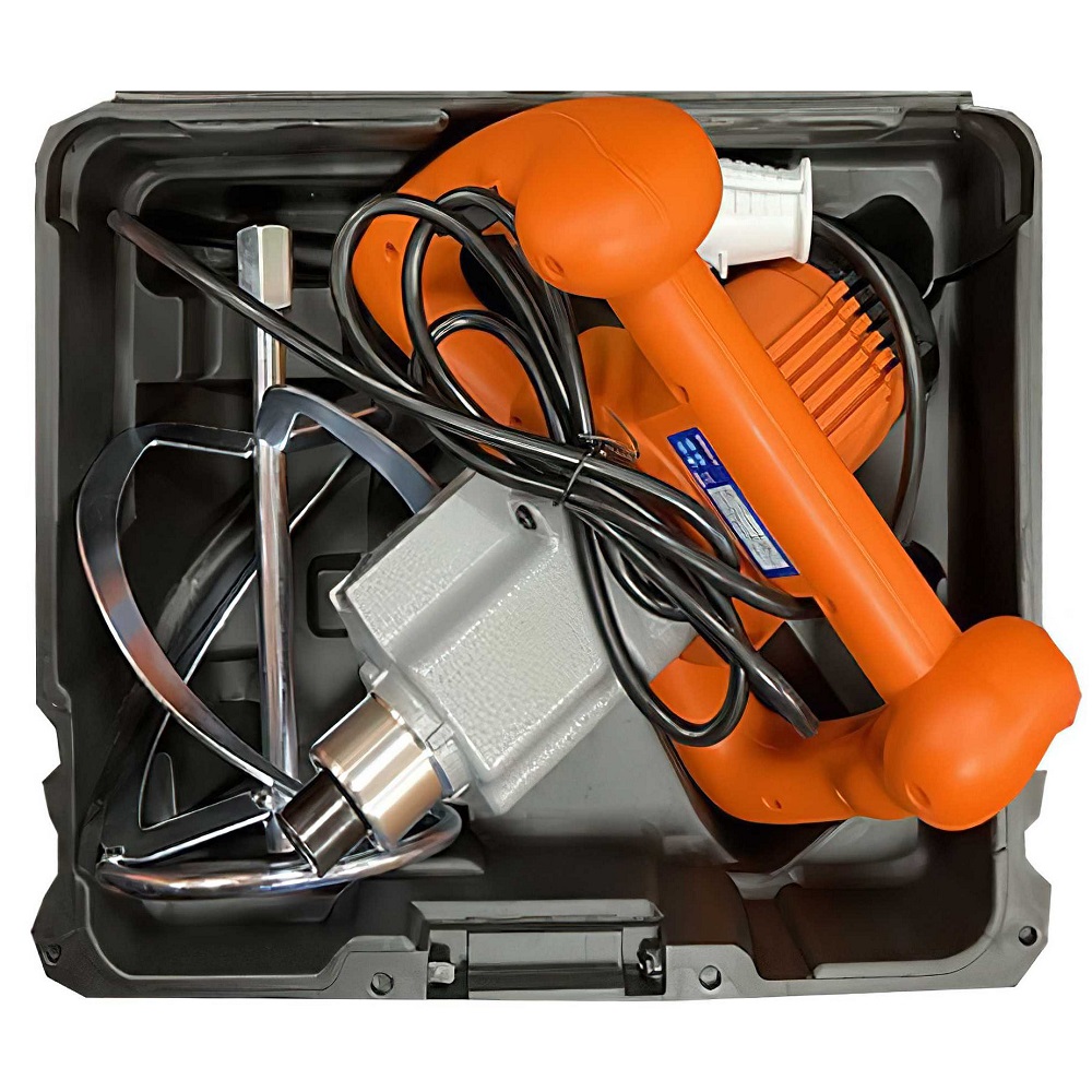 Vitrex electric power mixer with orange handle and metal mixing paddle in a storage case.
