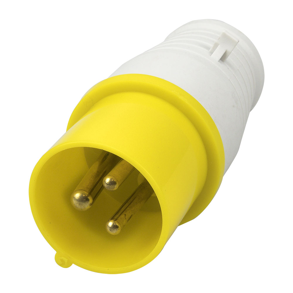 Close-up of a yellow and white electrical plug with three metal pins.