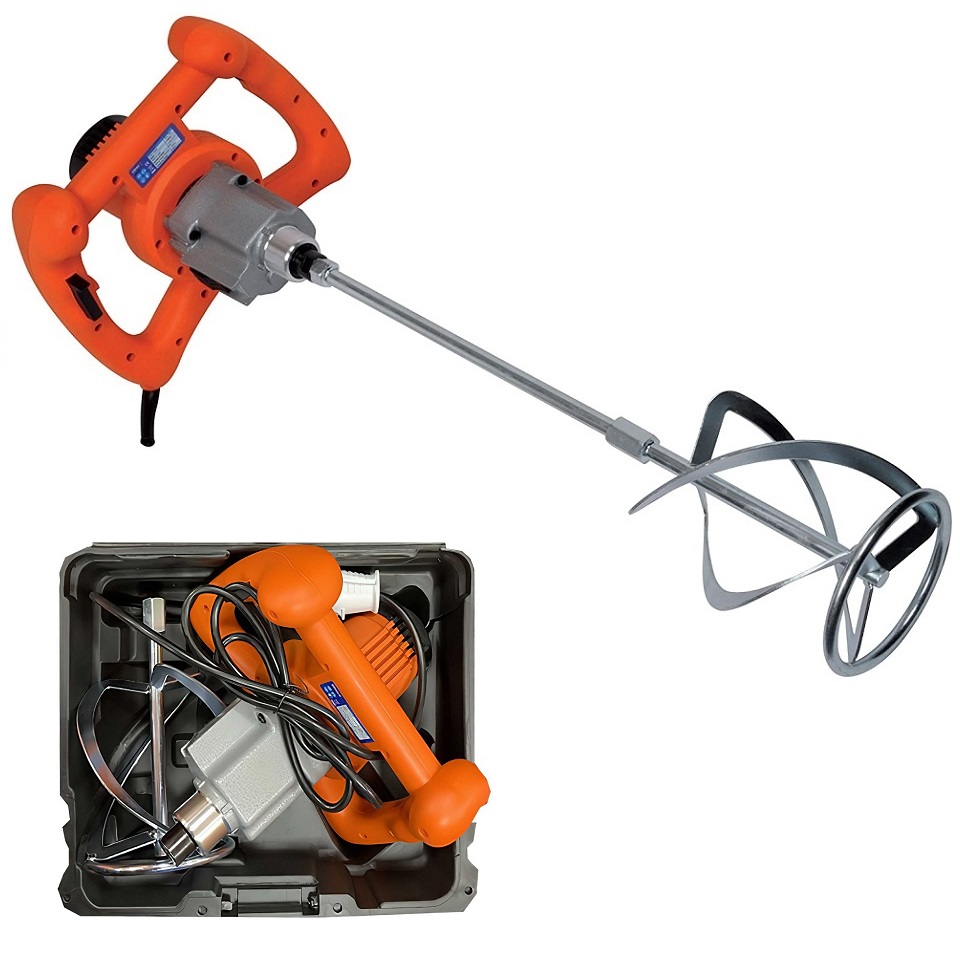 Vitrex electric power mixer with orange handle and mixing paddle, shown with carrying case.