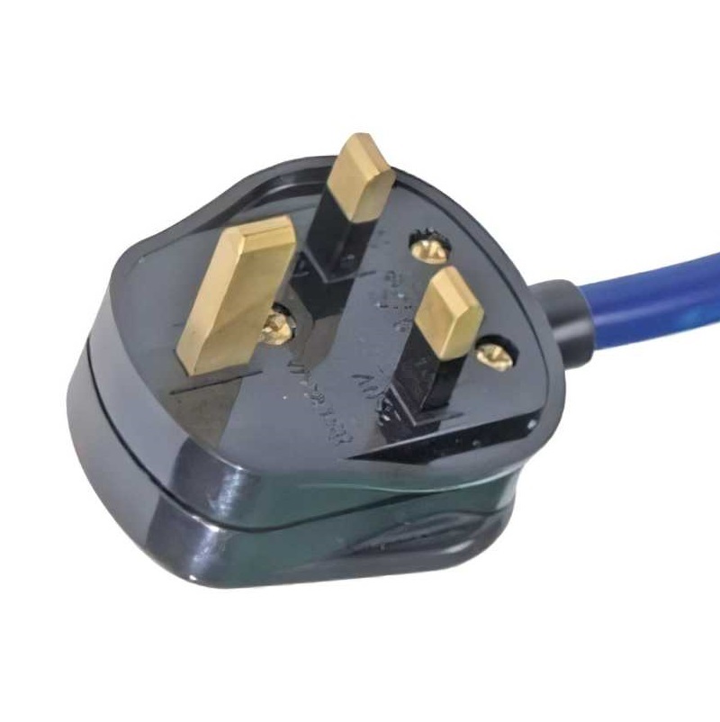 Close-up of a UK three-pin plug attached to a blue cable.