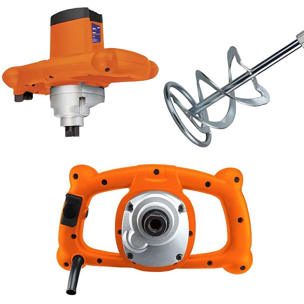 Orange Vitrex electric power mixer with metal mixing paddle and handle components.