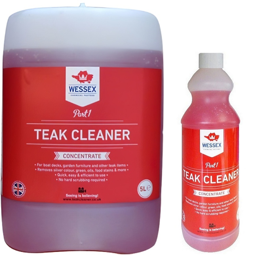 Two bottles of Wessex Chemicals Marine Teak Decking Cleaner, showing the product labels and red liquid inside.