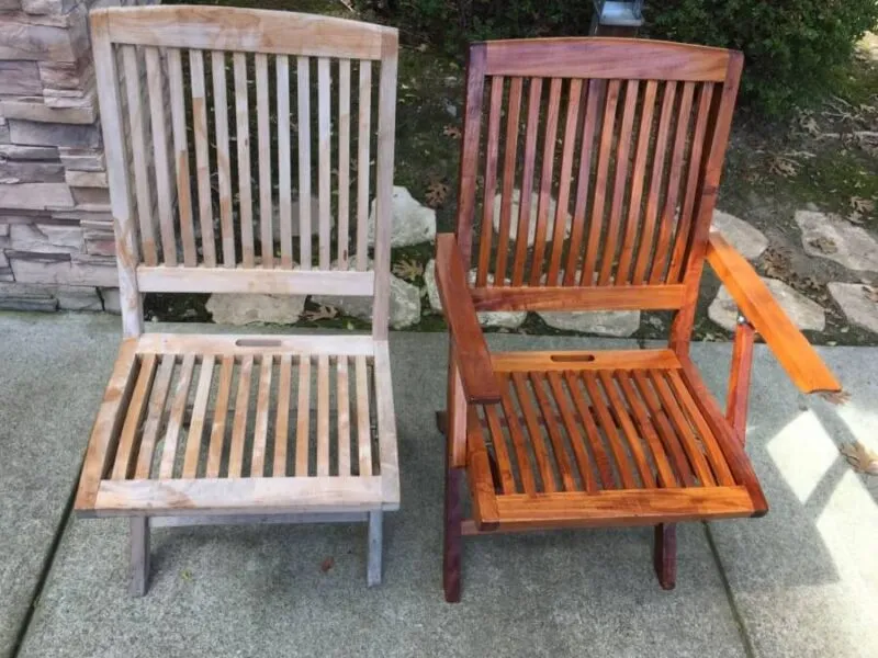 Wooden chairs before and after varnishing Comparison of two wooden chairs, one untreated and the other varnished