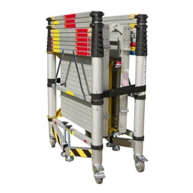 Folded aluminium telescopic scaffold tower with wheels and stabilisers.