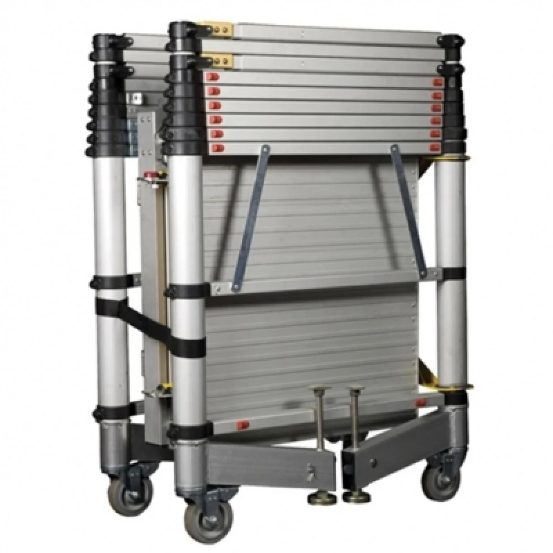 Folded Zarges Teletower Aluminium Telescopic Scaffold Tower with wheels for easy transport.