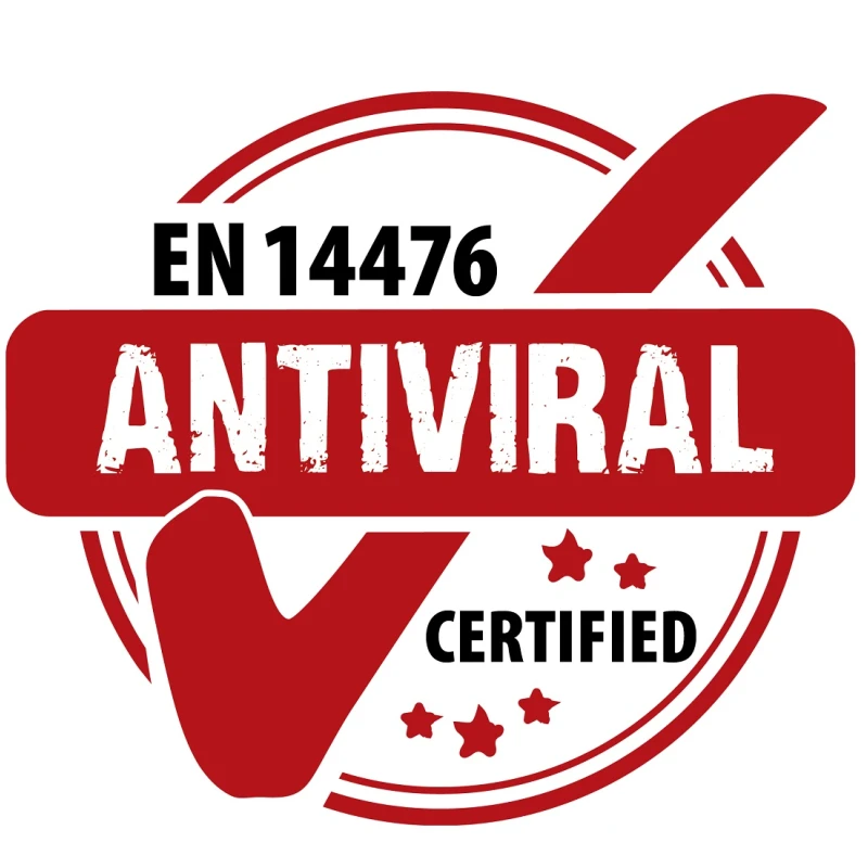 Antiviral certification badge with checkmark and EN 14476 standard for tested effectiveness