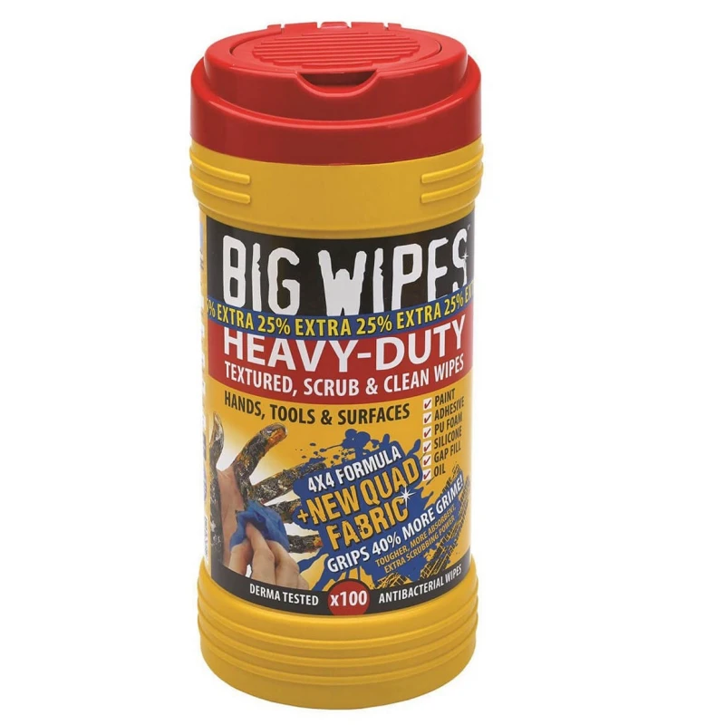 Container of Big Wipes Heavy Duty Antibacterial Textured Cleaning Wipes with red lid and yellow base.