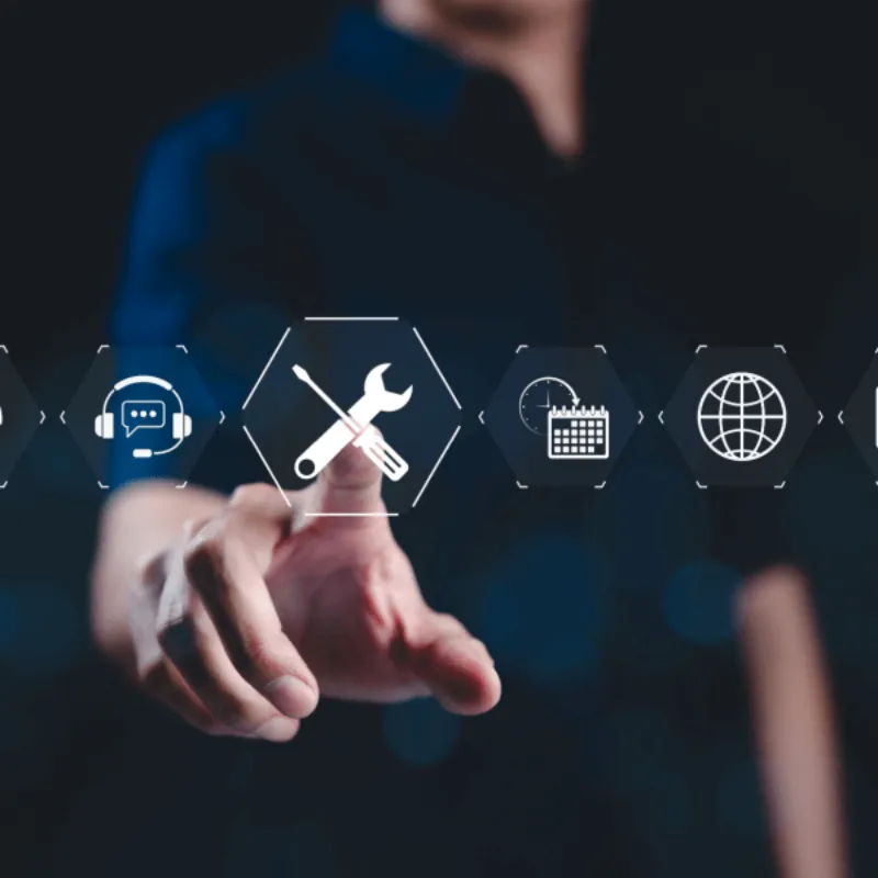 Hand touching virtual interface with service icons Product Care and Maintenance