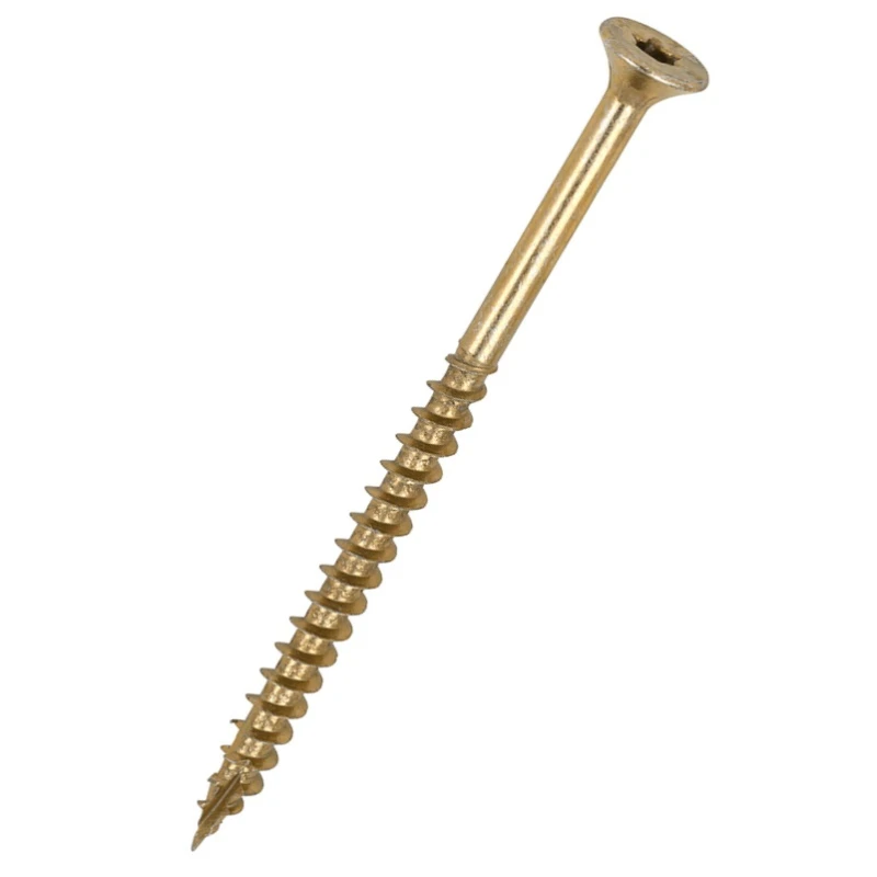 Close-up of a gold-coloured Torx wood screw with a sharp tip and threaded body.