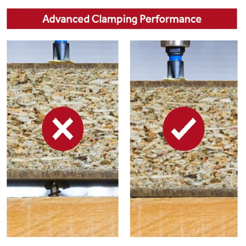 Comparison of wood screws in particle board, showing incorrect and correct clamping performance.