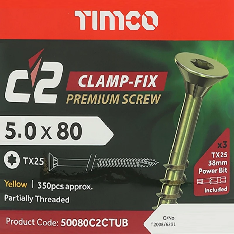 Packaging of Timco C2 Clamp Fix Premium Torx Wood Screw 5.0 x 80mm, showing screw design and product details.