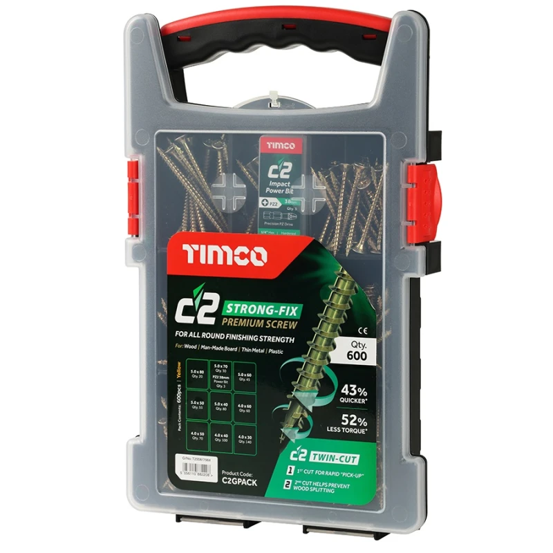 Pack of 600 Timco C2 Strong Fix Premium Multi-Use Pozi Screws in a plastic case with handle.