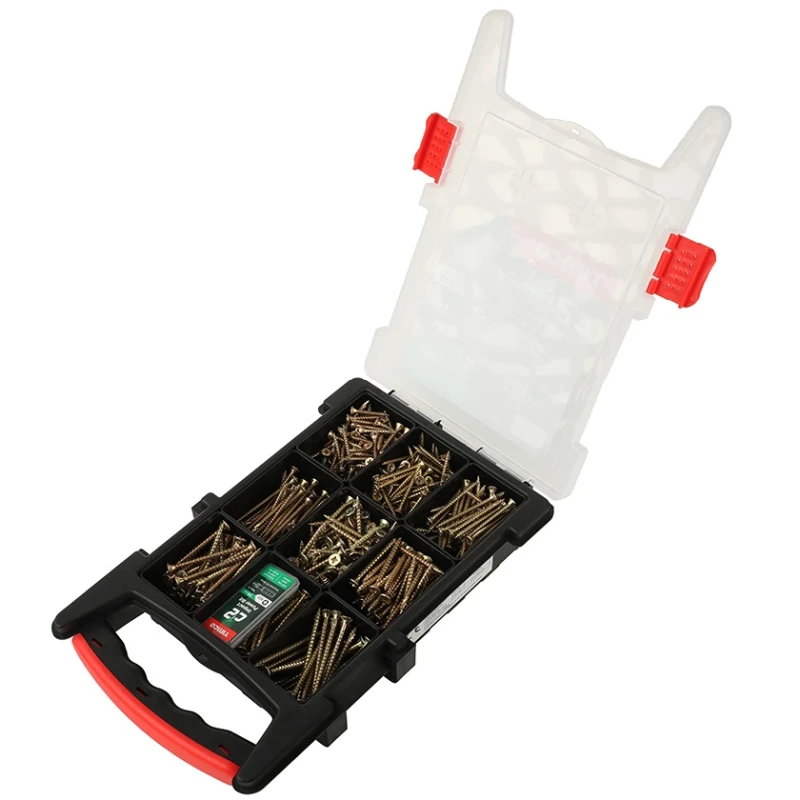 Open plastic case containing assorted Timco C2 Strong Fix Pozi screws in various compartments.