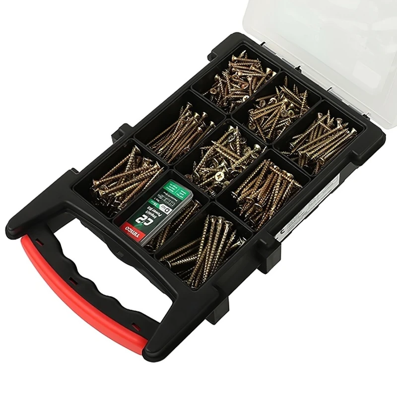 Open case displaying various sizes of Timco C2 Strong Fix Premium Multi-Use Pozi Screws.