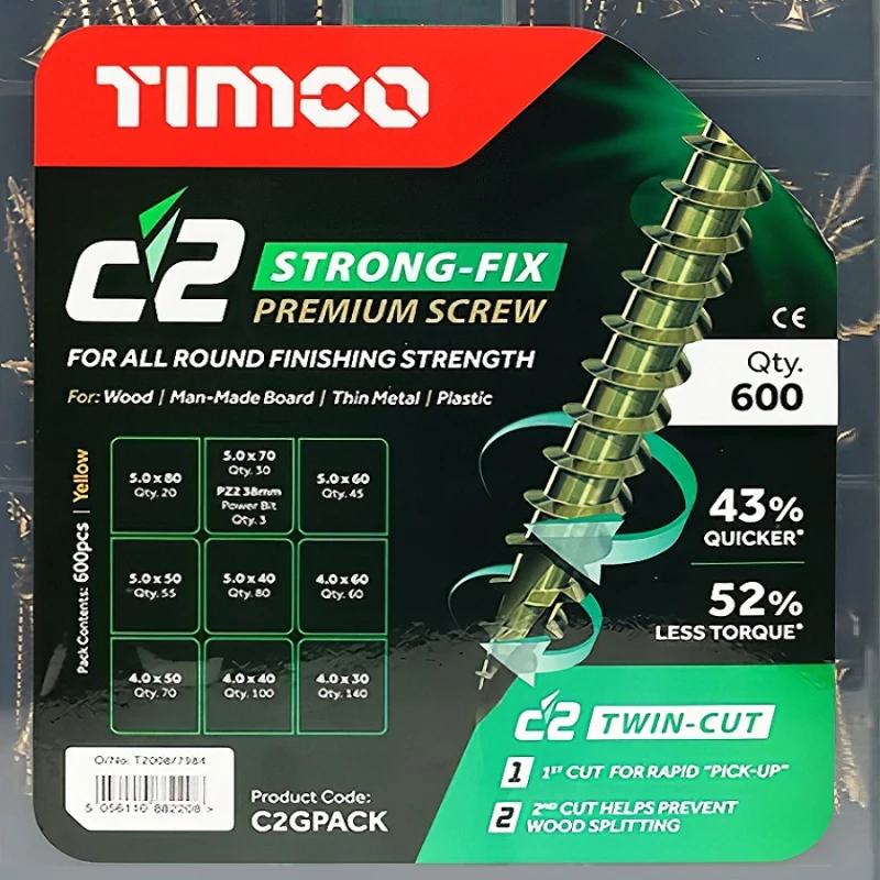 Packaging of Timco C2 Strong Fix Premium Multi-Use Pozi Screw showing product details and specifications.