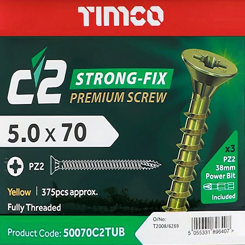 Packaging of Timco C2 Strong Fix Premium Multi-Use Pozi Screw 5.0 x 70mm, showing screw image and product details.