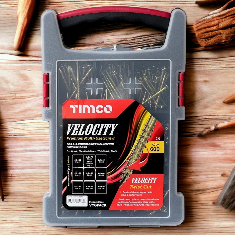 Timco Velocity Premium Multi-Use Screw Mixed Grab Pack with 600 pieces in a plastic case, displayed on a wooden surface.