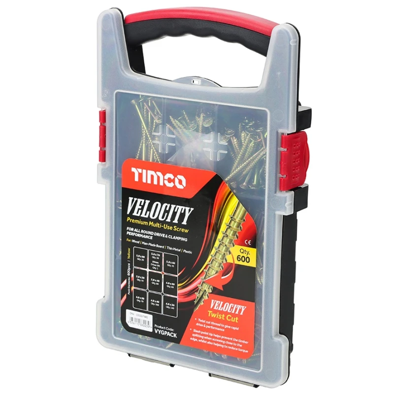 Plastic carry case containing Timco Velocity Premium Multi-Use Screws, 600 pieces.
