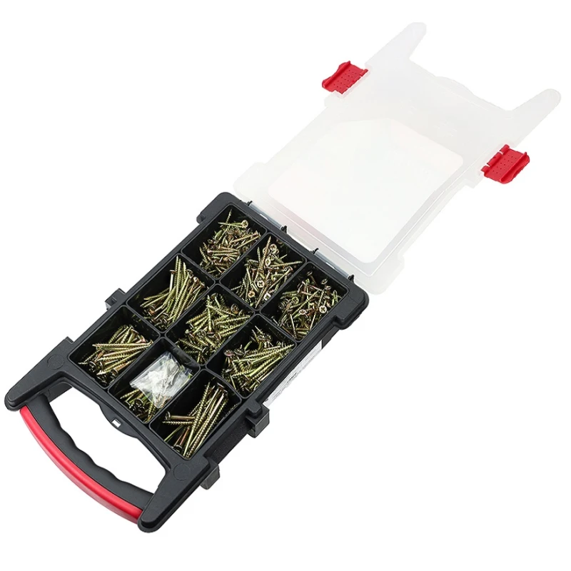 Open plastic case containing a selection of mixed screws in various compartments.