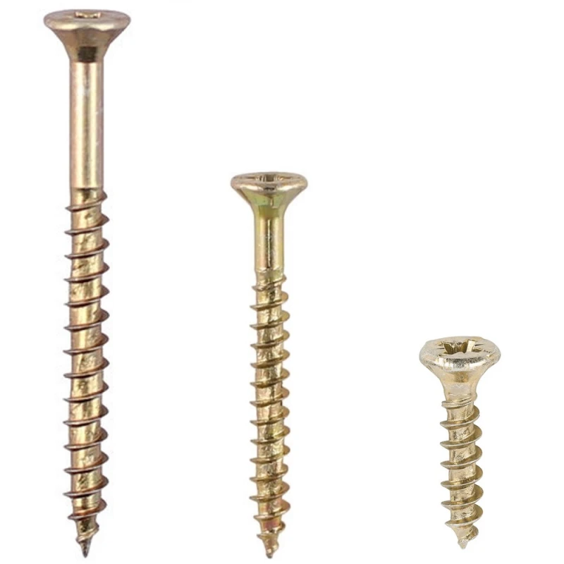 Three different sizes of Timco C2 Strong Fix Pozi Screws in gold finish.