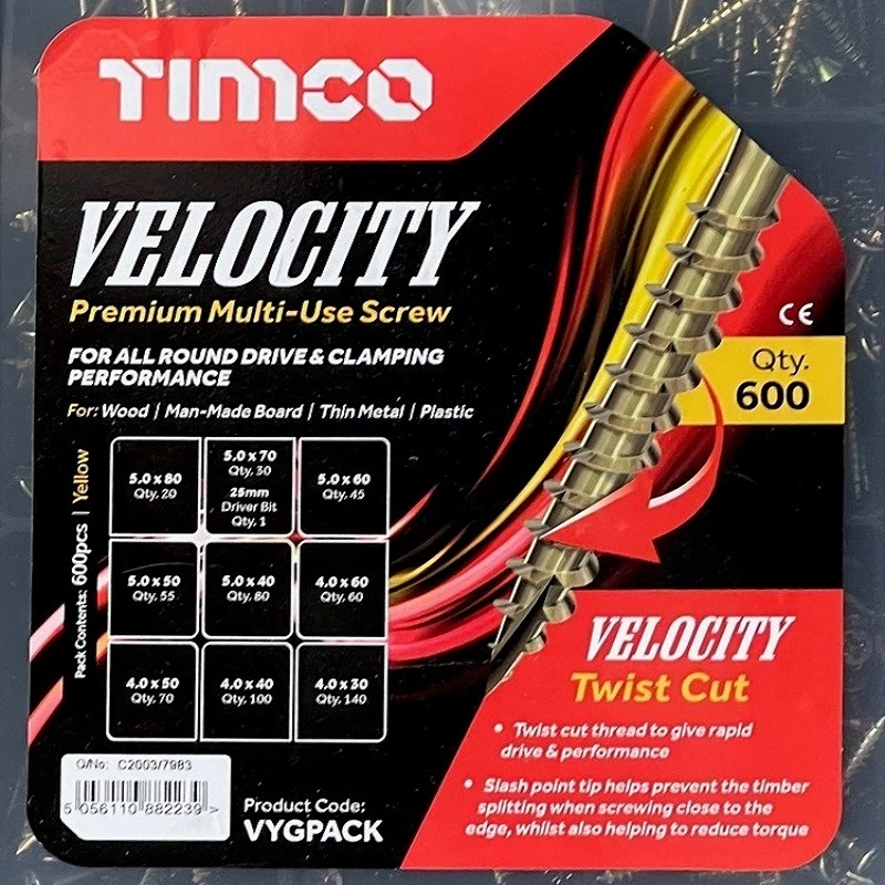 Timco Velocity Premium Multi-Use Screw Mixed Grab Pack with 600 pieces, showing various screw sizes and specifications.