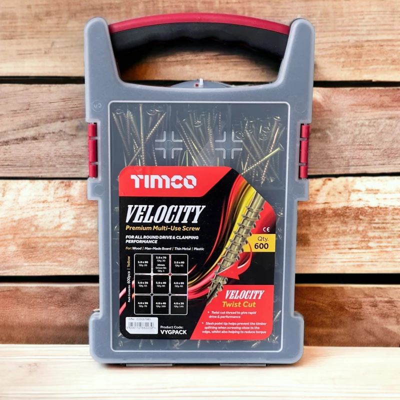 Timco Velocity Premium Multi-Use Screw Mixed Grab Pack with 600 screws in a plastic case.