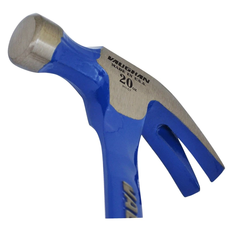 Close-up of the Vaughan Pro Steel Eagle Solid Claw Hammer R20FF with a blue handle and 20oz head.