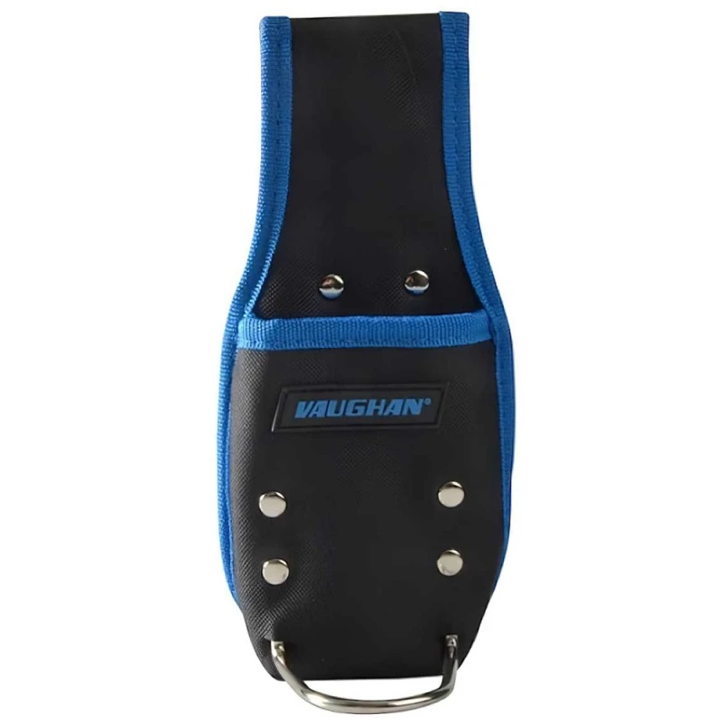 Black and blue Vaughan tool belt pouch with hammer loop and metal rivets.