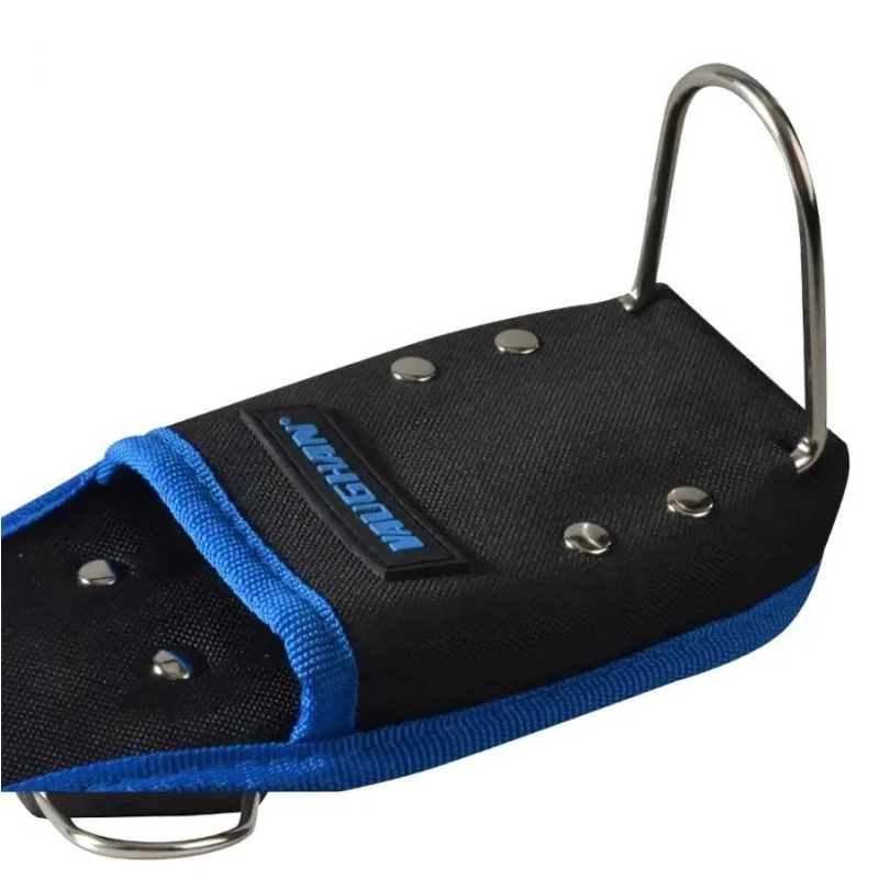 Close-up of a Vaughan Pro Tool Belt Pouch Hammer Loop Tool Holder with metal rivets and blue trim.