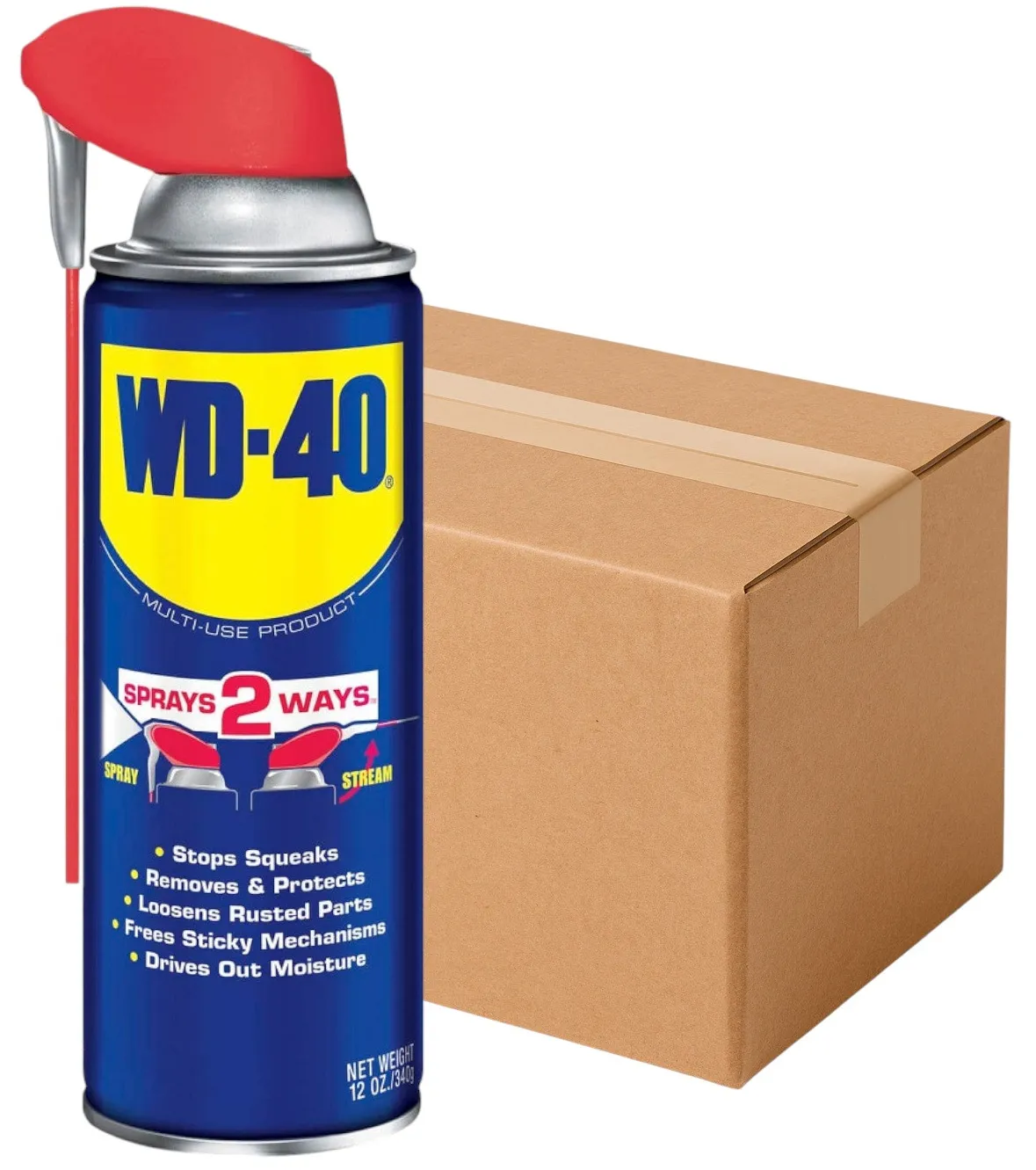 A closed cardboard box with visible shadow isolated on white background. WD40 – Multi-Use Maintenance Aerosol Smart Straw – 450ml, Box of 12 (44137-12)
