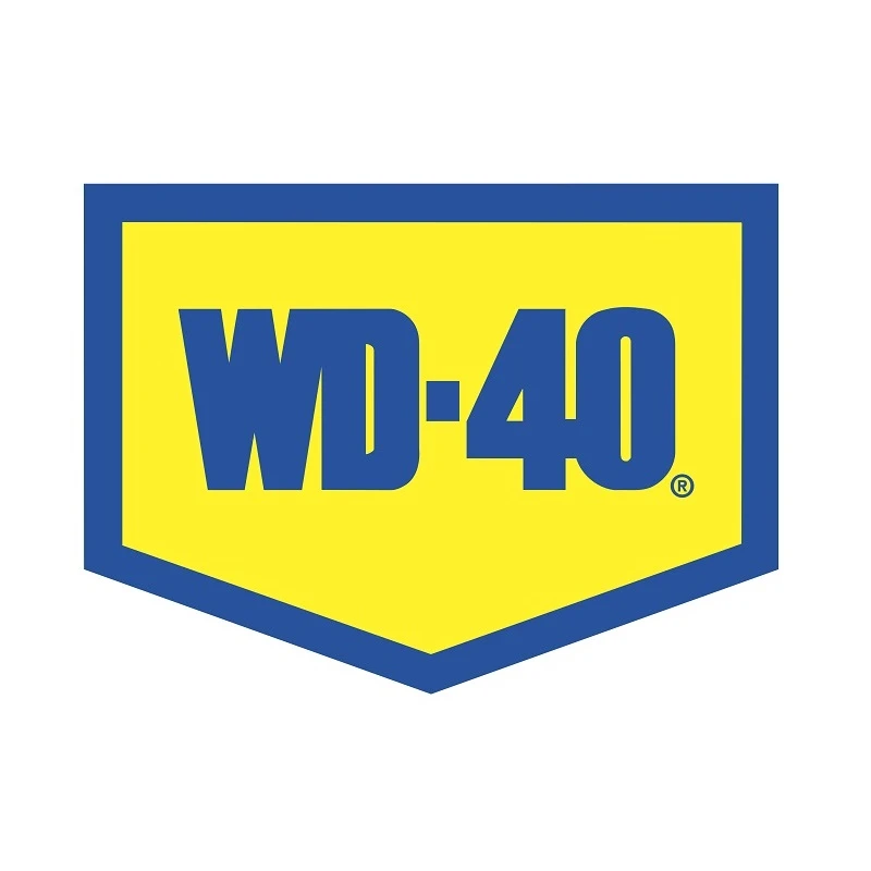 WD-40 logo with blue text on a yellow background, shown on square format
