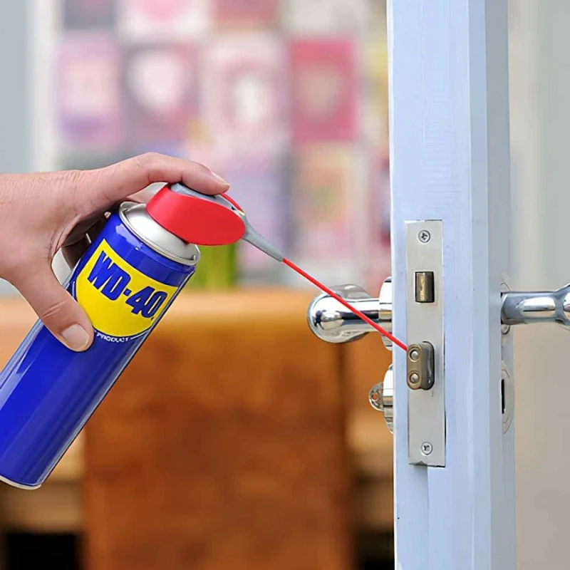 Hand applying WD-40 to a front door lock to prevent sticking and rust