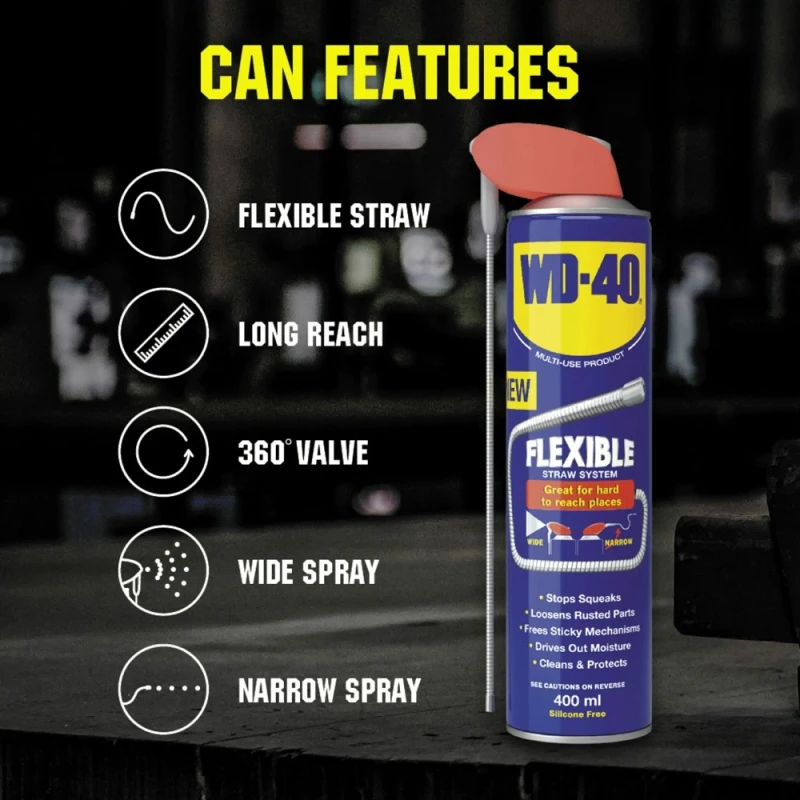 WD40 can with flexible straw and features listed including long reach, 360-degree valve, wide spray, and narrow spray.