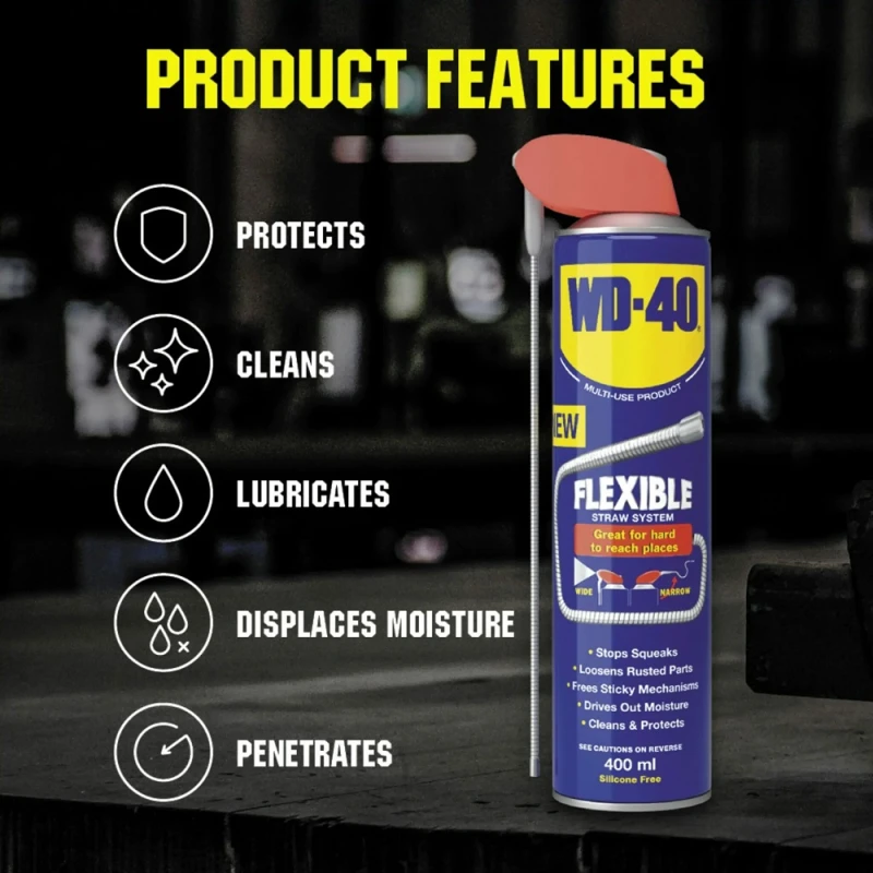 WD40 Multi-Use Smart Flexible Straw Maintenance Aerosol 400ml with features listed: protects, cleans, lubricates, displaces moisture, penetrates.