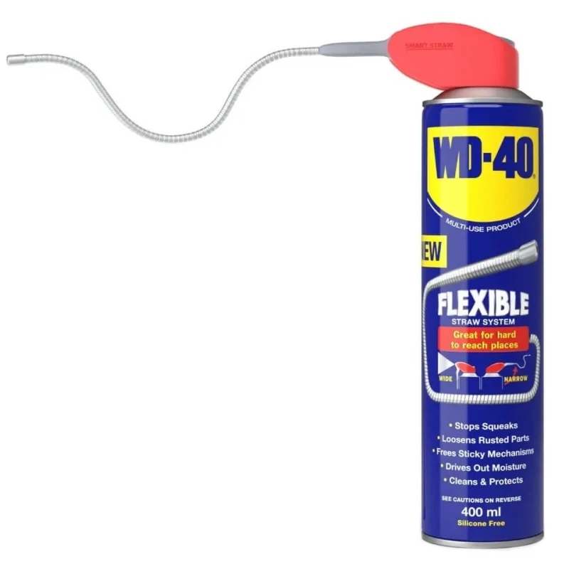 WD40 aerosol can with flexible straw for maintenance, 400ml size.