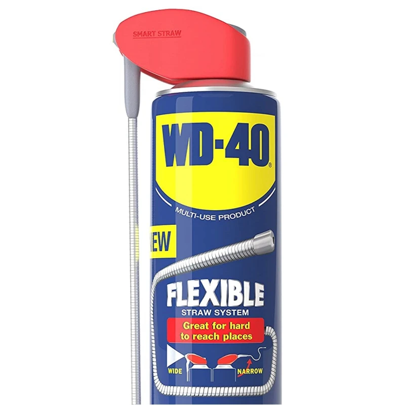 WD40 aerosol can with flexible straw system for hard-to-reach places.