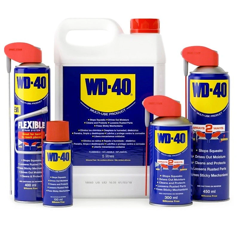 Group shot of WD-40 cans and containers including sprays and large 5L format