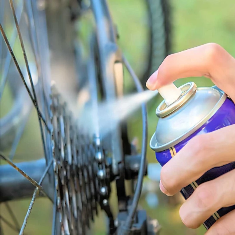 WD-40 applied to bicycle chain and rear cog for smoother movement