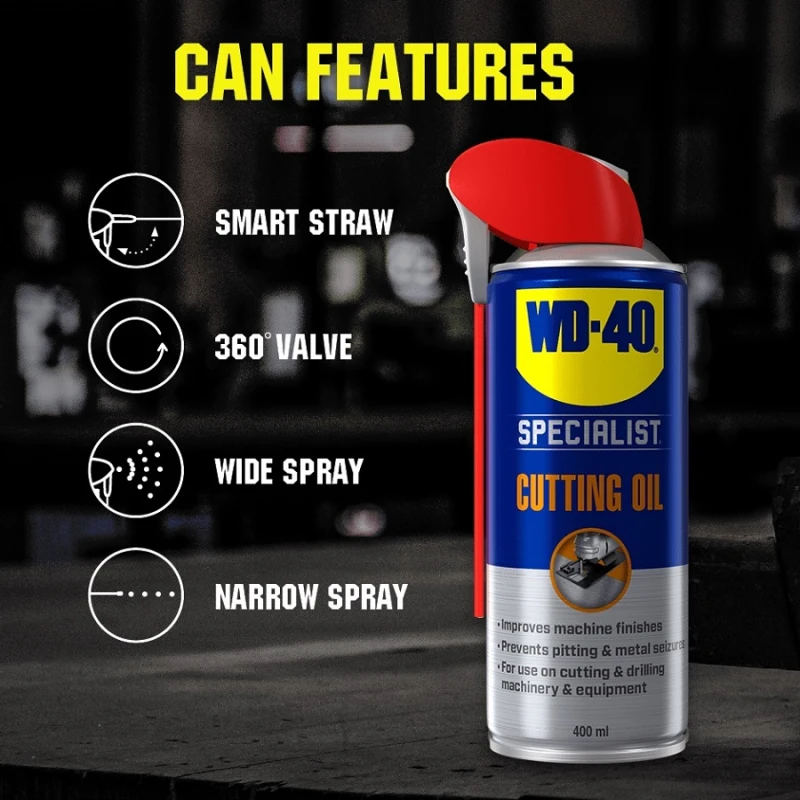 WD40 Specialist Multi-Purpose Cutting Oil Spray can with features including smart straw, 360-degree valve, wide spray, and narrow spray.