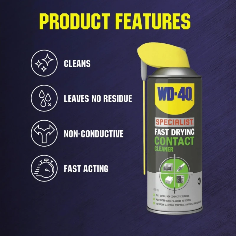 WD40 Specialist Fast Drying Electrical Contact Cleaner 400ml can with highlighted features: cleans, leaves no residue, non-conductive, fast acting.