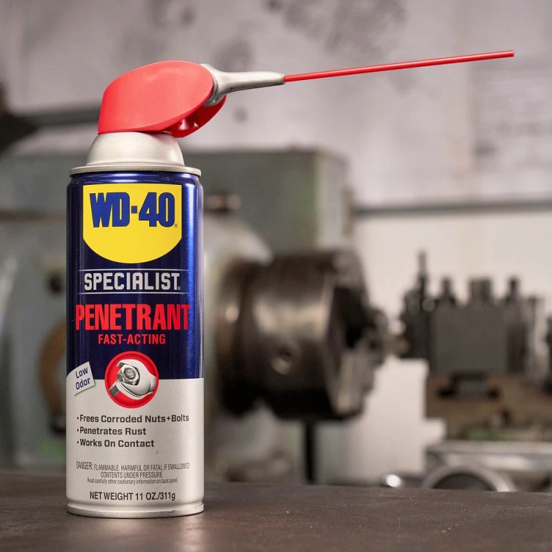 WD40 Specialist Penetrant Fast Release Penetrating Oil can with red straw attached, placed on a workbench in a workshop setting.