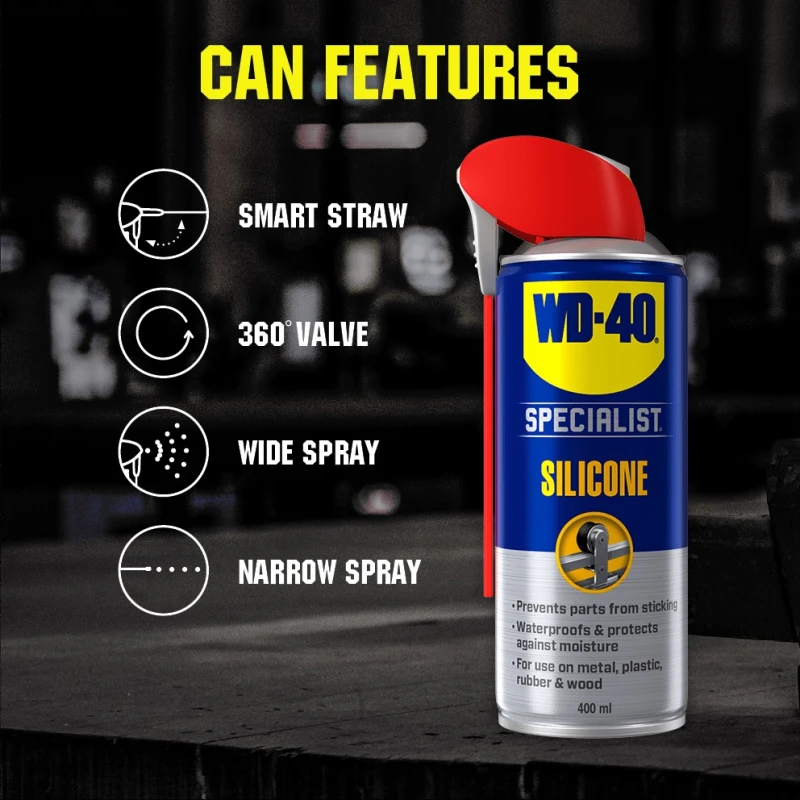 WD40 Specialist High-Performance Silicone Spray can with smart straw, 360-degree valve, wide and narrow spray options.
