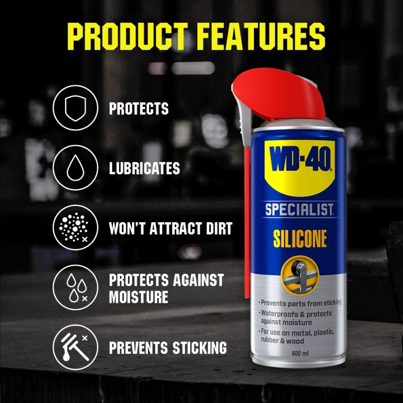 WD40 Specialist High-Performance Silicone Spray 400ml can with product features: protects, lubricates, won’t attract dirt, protects against moisture, prevents sticking.