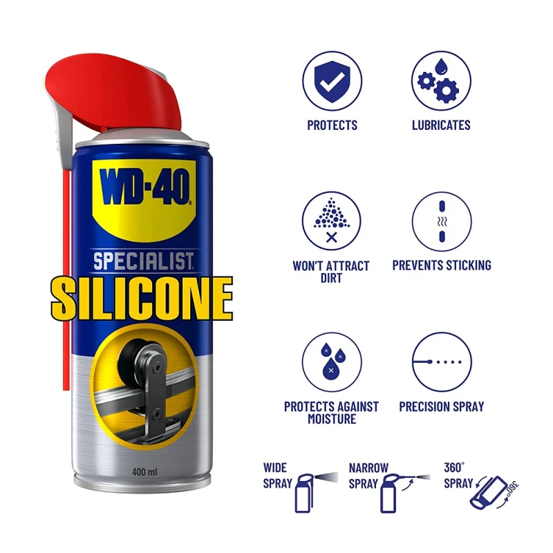 WD40 Specialist High-Performance Silicone Spray 400ml can with protective and lubricating features highlighted.