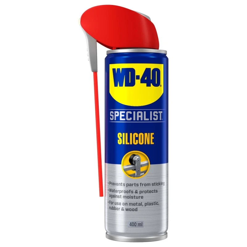 WD40 Specialist High-Performance Silicone Spray can with red straw attached, 400ml.